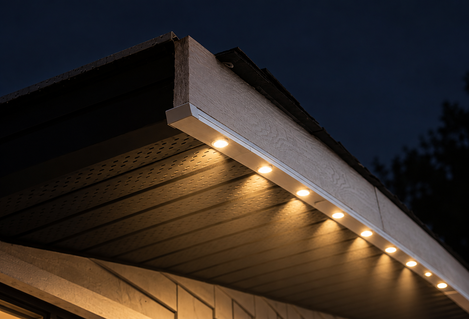 Close-up of the same soffit illuminated at night.